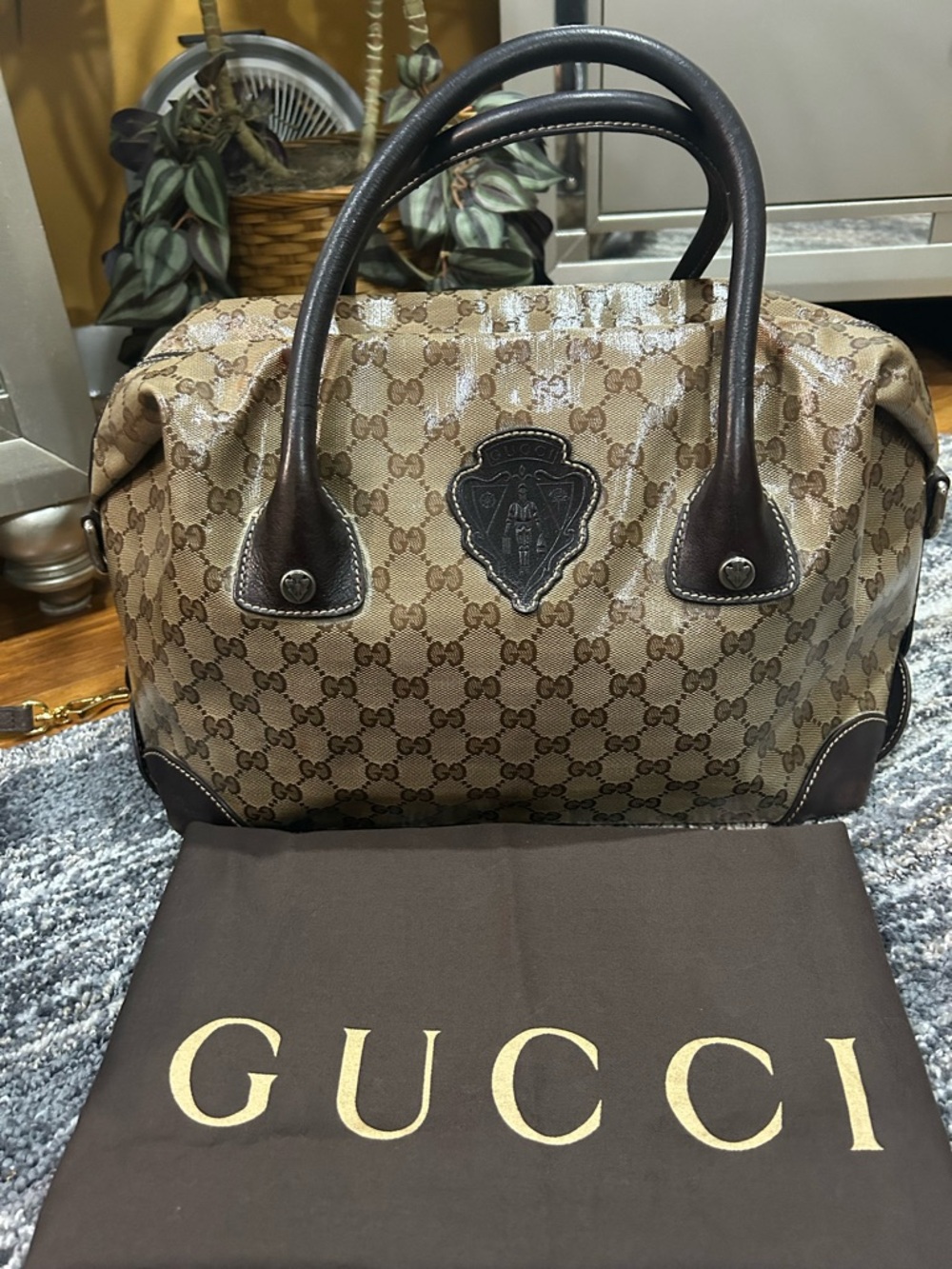 Gucci Boston Brown Tan GG Coated Canvas Shoulder Bag with Dark Brown Trim!